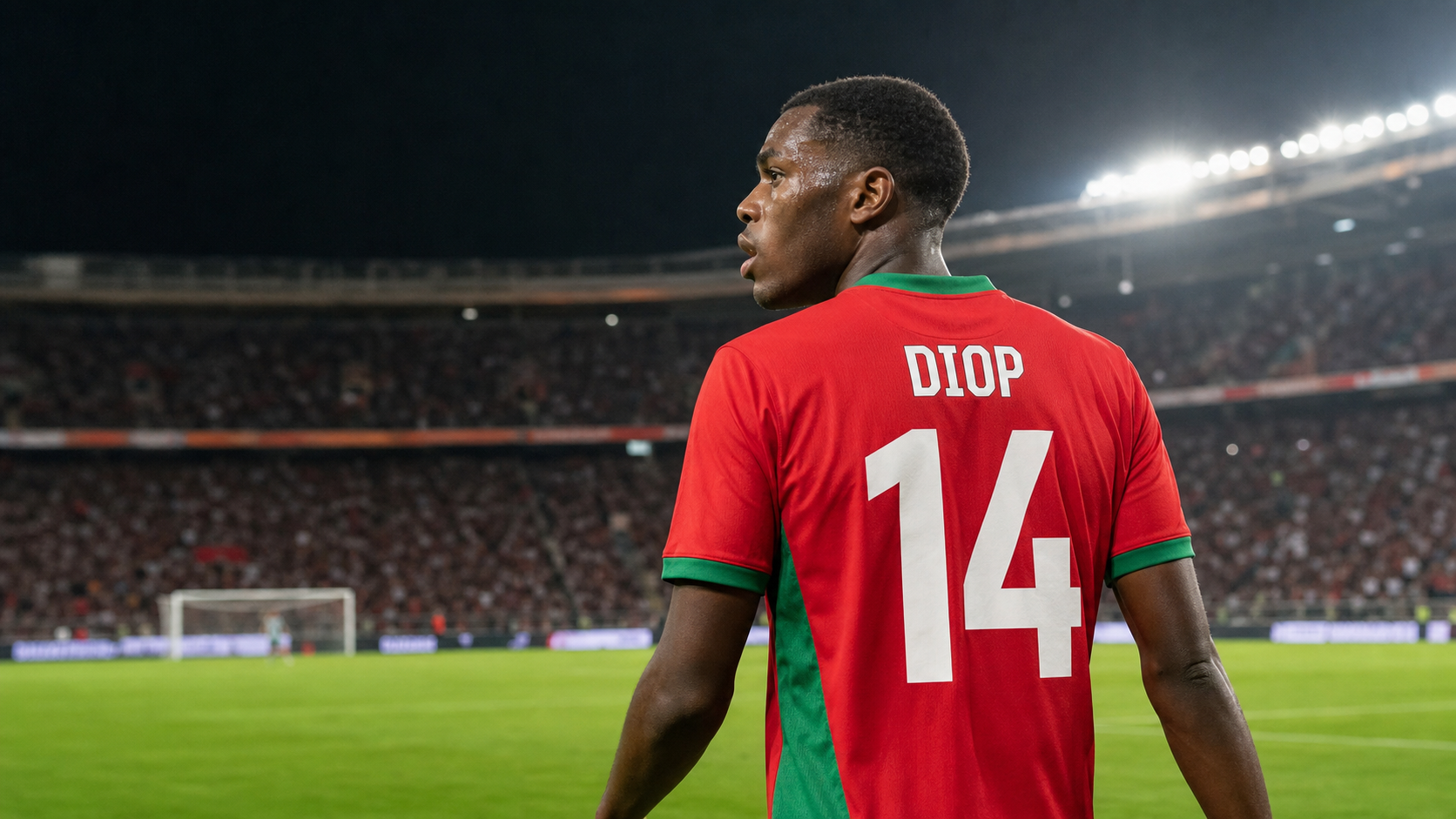 KI-generiertes redaktionelles Sportmotiv von Issa Diop im roten Trikot mit der Nummer 14