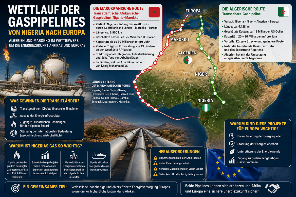 Illustration zu den Energie-Routen zwischen Nigeria, Marokko, Algerien und Europa